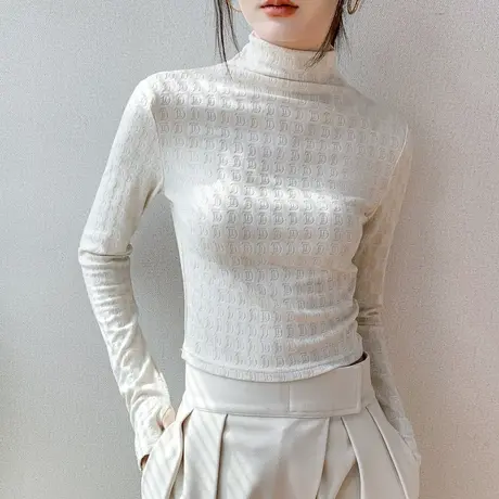 手套袖打底衫女2023秋冬半高领磨毛T恤针织字母提花长袖短款上衣商品大图