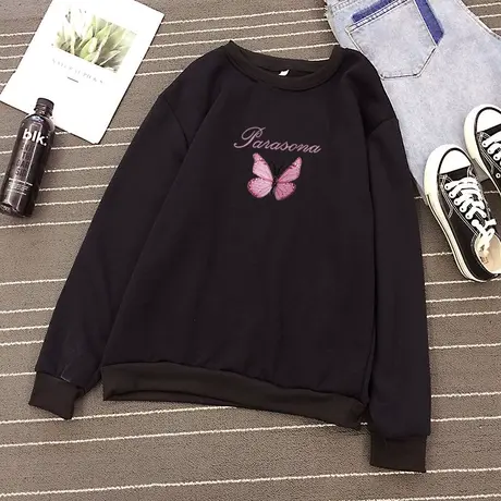 ins日系潮牌黑色加绒加厚圆领卫衣女bf慵懒风宽松套头长袖上衣女图片