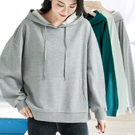 花灰色连带戴帽子卫衣女2024新款宽松超大版大码套头薄款长袖上衣图片