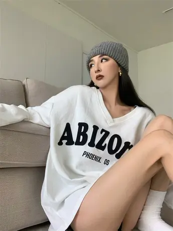 美式设计感oversize春款长袖t恤女宽松大码纯棉V领打底衫上衣潮牌商品大图