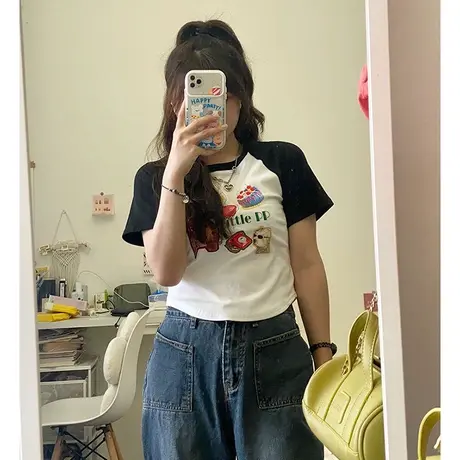 夏季短袖t恤女辣妹百搭韩系chic插肩袖ins潮显瘦美式复古短款上衣商品大图