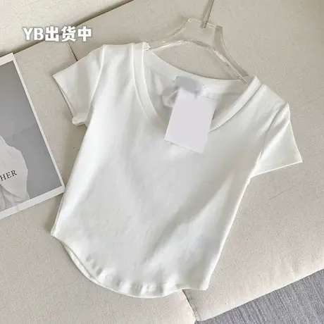 夏季设计感小众正肩V领短袖t恤女ins潮别致修身氧气辣妹纯欲上衣图片