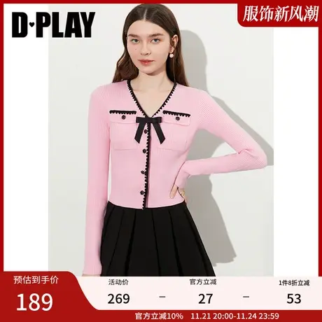 DPLAY2023秋新法式优雅粉撞黑短款V领蝴蝶结撞色贝克绣针织开衫商品大图