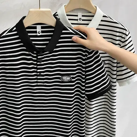 夏季条纹POLO衫男潮牌半袖潮男短袖T恤翻领情侣装韩版体恤保罗衫商品大图