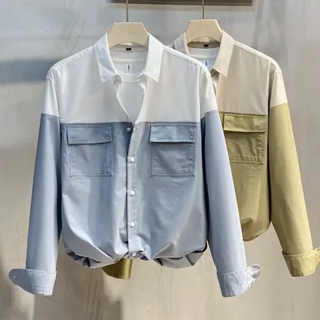 2023春秋新款拼接撞色长袖衬衫男士青年休闲衬衣外穿潮男外套帅气商品大图