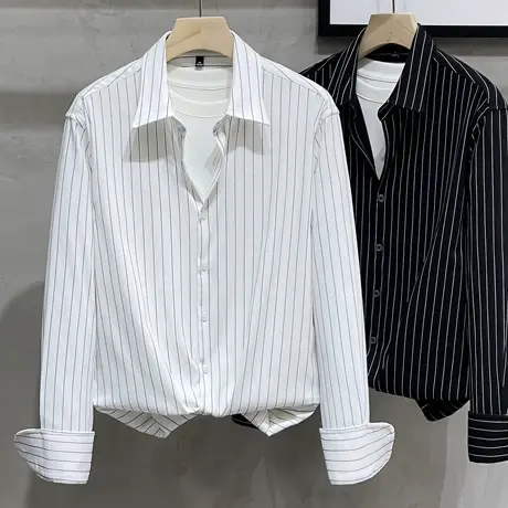 春秋季冰丝竖条纹男士长袖衬衫春装男衬衣高级感微弹韩版休闲寸衫商品大图