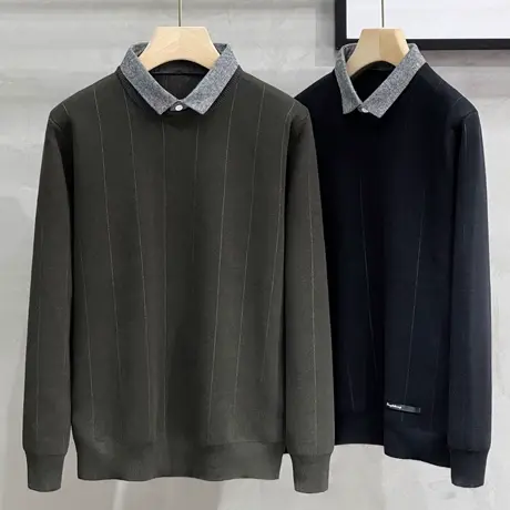 男士衬衫毛衣假两件加绒加厚商务休闲男装上衣针织衫男春秋冬新款图片