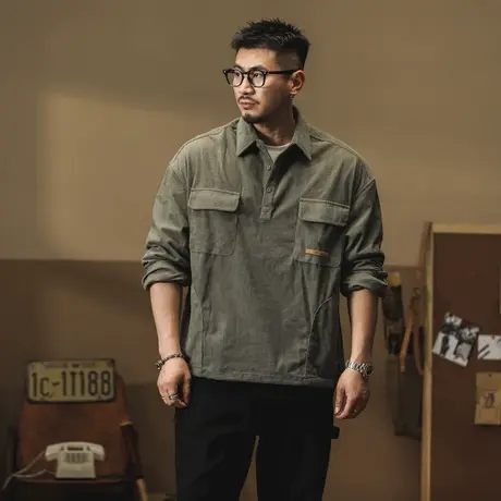 时尚男款复古男士polo衫宽松日系百搭男士衬衫韩版大码男士衬衣商品大图