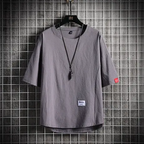 男士t恤2020新款纯色棉麻胖体桖男半袖潮流加肥加大码夏季男t短袖图片