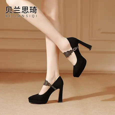 磨砂真皮镂空水钻一字带防水台粗跟单鞋女2025春秋季新款超高跟鞋图片