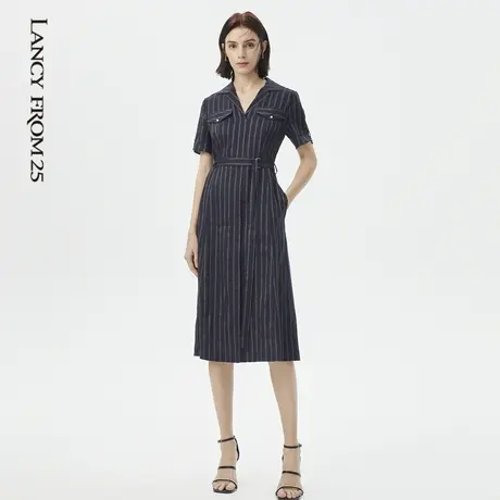 朗姿奥莱夏季新品立体文艺条纹女式西装连衣裙奥莱商品大图