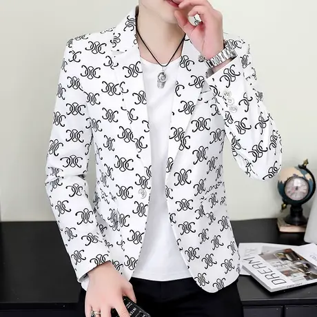 春秋季新款时尚西装外套男士韩版修身痞帅印花小西服潮流薄款上衣图片