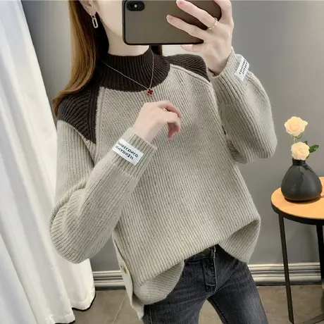 撞色半高领加厚针织衫上衣简单慵懒风流行毛衣2023新款爆款冬季商品大图