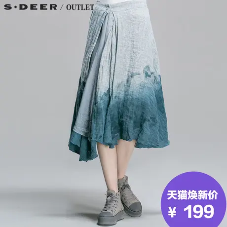 sdeer圣迪奥女装2017秋装朴素棉麻墨意晕染渐变褶皱长裙S15181185图片