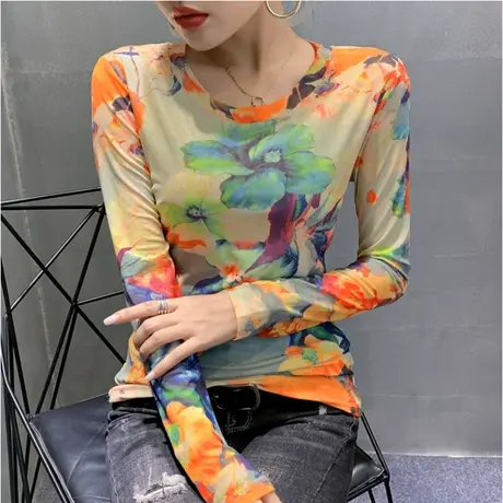 设计感圆领打底衫女长袖网纱扎染印花时尚气质减龄内塔上衣T恤女商品大图