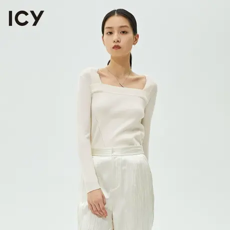 icy春秋新款简约气质纯色打底外穿方领长袖修身羊毛针织衫女商品大图