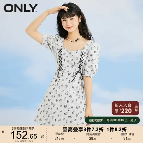 ONLY奥莱夏季抽绳方领花朵满印牛仔短款连衣裙女图片