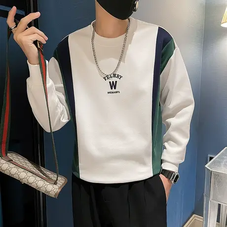 美式复古撞色拼接卫衣男小众设计宽松INS潮牌休闲春秋款个性上衣商品大图