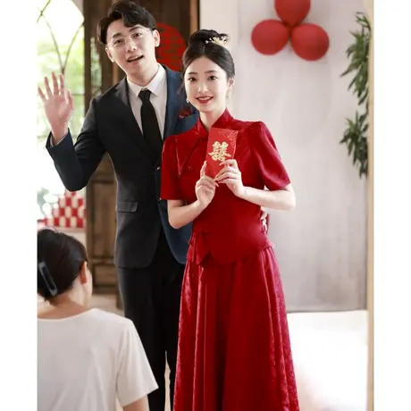 中式敬酒服2023新款新娘回门服红色订婚礼服女夏季旗袍秀禾服嫁衣商品大图