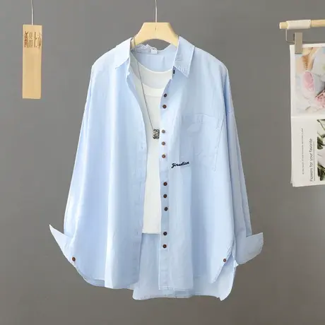 美式复古长袖蓝色休闲衬衫外套女春秋设计感小众宽松别致衬衣上衣图片