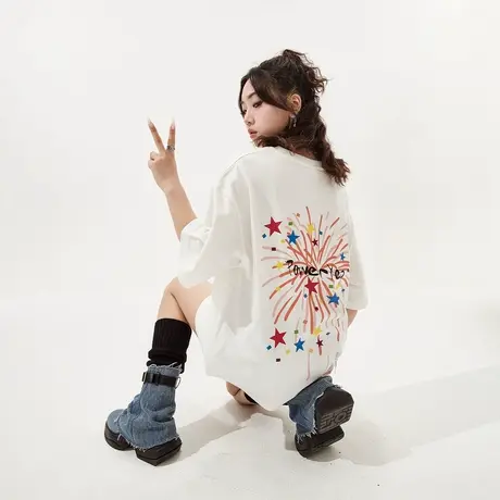 YEP白色印花短袖t恤女春夏2025新款美式复古情侣宽松oversize上衣图片