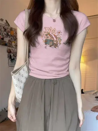 法式收腰粉色汽车印花短袖t恤女夏季新款设计感小众甜辣短款上衣商品大图