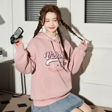 春秋季卫衣女唐狮秋冬美式复古帽衫加绒连帽上衣慵懒风运动打底衫图片