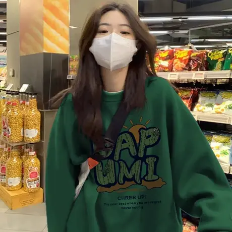 圆领美式复古卫衣女2024新款爆款春秋薄款宽松慵懒风chic上衣潮牌商品大图