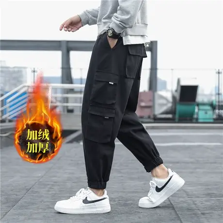 束脚工装裤男宽松冬季纯棉裤子秋季胖子大码黑色加肥加大机能男裤商品大图