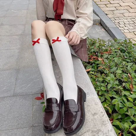 日系JK洛丽塔丝绒蝴蝶结小腿袜子女奶白色压力竖条螺纹中筒袜商品大图