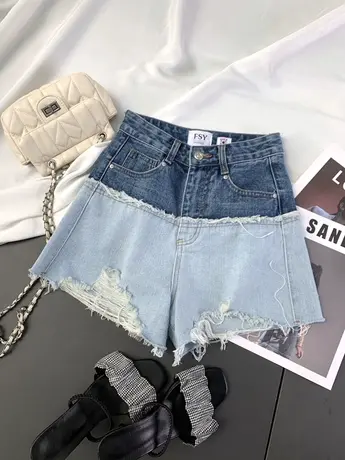 韩版破洞撞色牛仔短裤2024春夏新款显瘦百搭高腰裤ins阔腿a字短裤图片