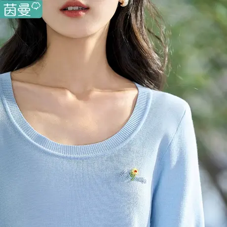 茵曼旗舰店绣花圆领短袖针织上衣女士2024夏季新款宽松套头小衫图片