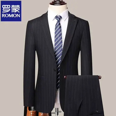 罗蒙高端西服套装男士韩版新郎结婚正装礼服休闲商务条纹西装外套图片