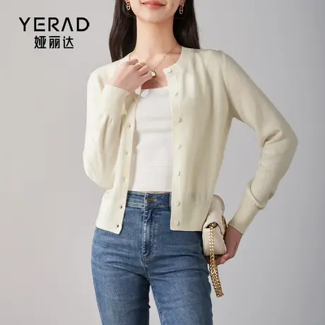 娅丽达圆领羊毛开衫外套女小个子2024春季新款短款上衣软糯针织衫商品大图