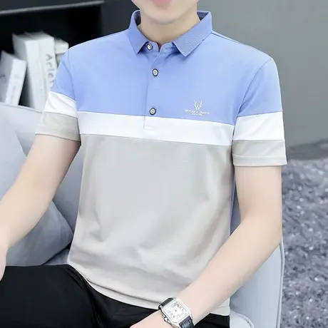 拼色短袖polo衫男夏季韩版修身半袖上衣服休闲翻领男士冰感体恤衫商品大图