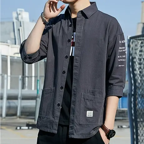 棉感长袖衬衫男韩版纯色牛仔工装七分袖宽松外套休闲衬衣五分短袖商品大图