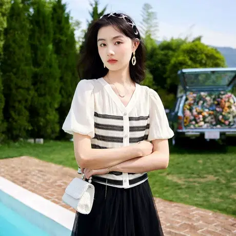 时尚气质短袖衬衫2023年夏季新款淑女温柔泡泡袖V领宽松显瘦上衣图片