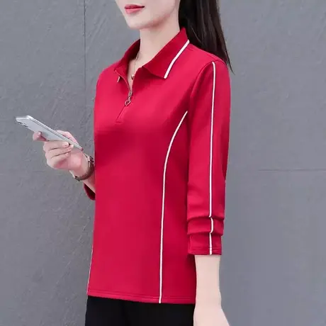 恋上17号长袖t恤卫衣女春秋2023新款中年妈妈时髦秋装polo领拉链图片