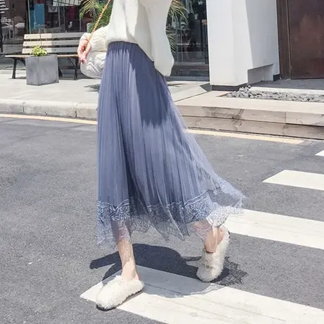 【换购10】金丝绒网纱百褶裙半身裙女秋冬新款中长高腰A字两面穿图片