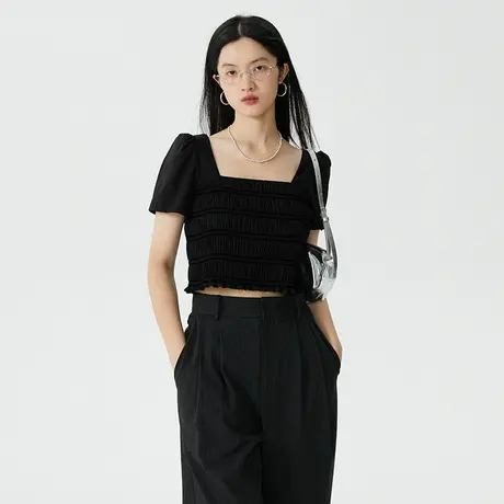 omont蛋挞家 泡泡袖短款衬衫女夏季2023新款格子打揽小衫衬衣上衣商品大图