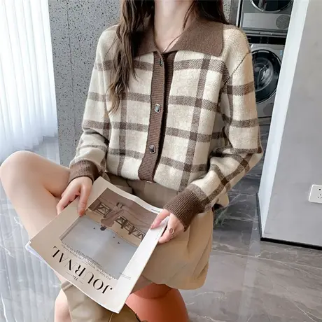 格子方领毛衣外套女宽松外穿2023新款秋季洋气百搭慵懒风针织开衫图片