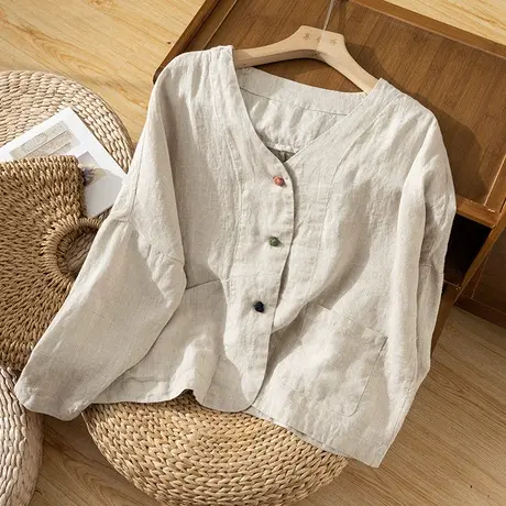 享永子【彩色心情】砂洗亚麻衬衫女宽松显瘦手工盘扣做旧麻上衣图片