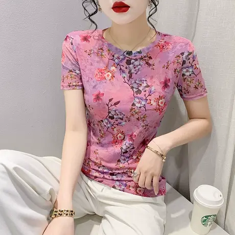 欧货网纱T恤女短袖2023夏季新款时尚漂亮印花上衣ins气质圆领小衫商品大图