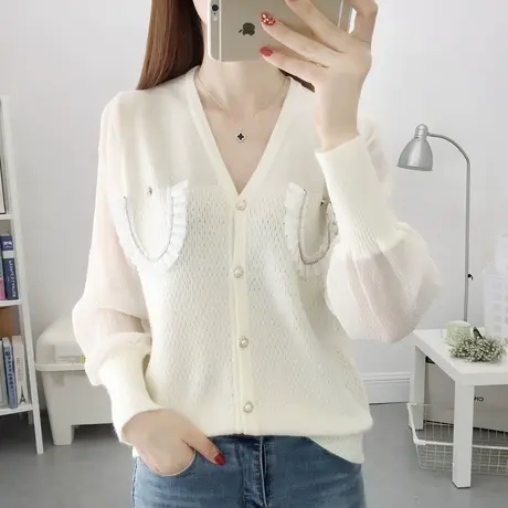 v领镂空薄款雪纺拼接针织打底衫2023初秋新款短款小香风开衫外套商品大图