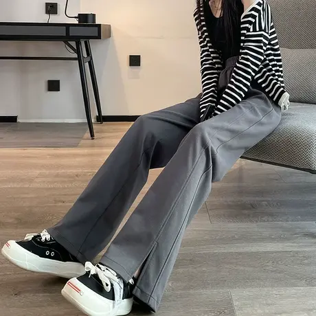 开叉阔腿裤女2023年新款秋冬季高腰小个子垂感直筒休闲运动长裤子商品大图