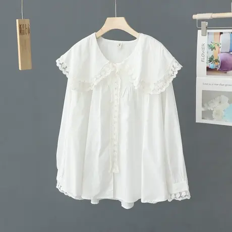 宽松大翻领法式娃娃领白色衬衫女长袖复古蕾丝长袖上衣设计感衬衣图片