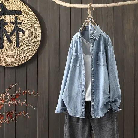 枫谜2021年春装新款文艺韩版牛仔长袖衬衫女宽松挽边袖牛仔上衣图片