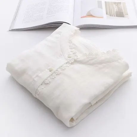 森系小清新宽松韩范双层棉纱上衣春款女士小众花边V领打底白衬衣商品大图