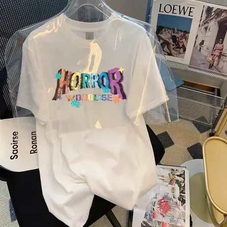 纯棉圆领短袖T恤女韩版宽松ins潮半袖白色少女粉上衣时尚百搭体恤商品大图