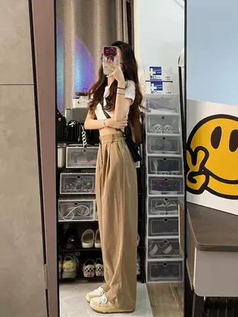 卡其阔腿裤女春夏高腰垂感显瘦百搭休闲西装裤宽松薄款拖地直筒裤商品大图
